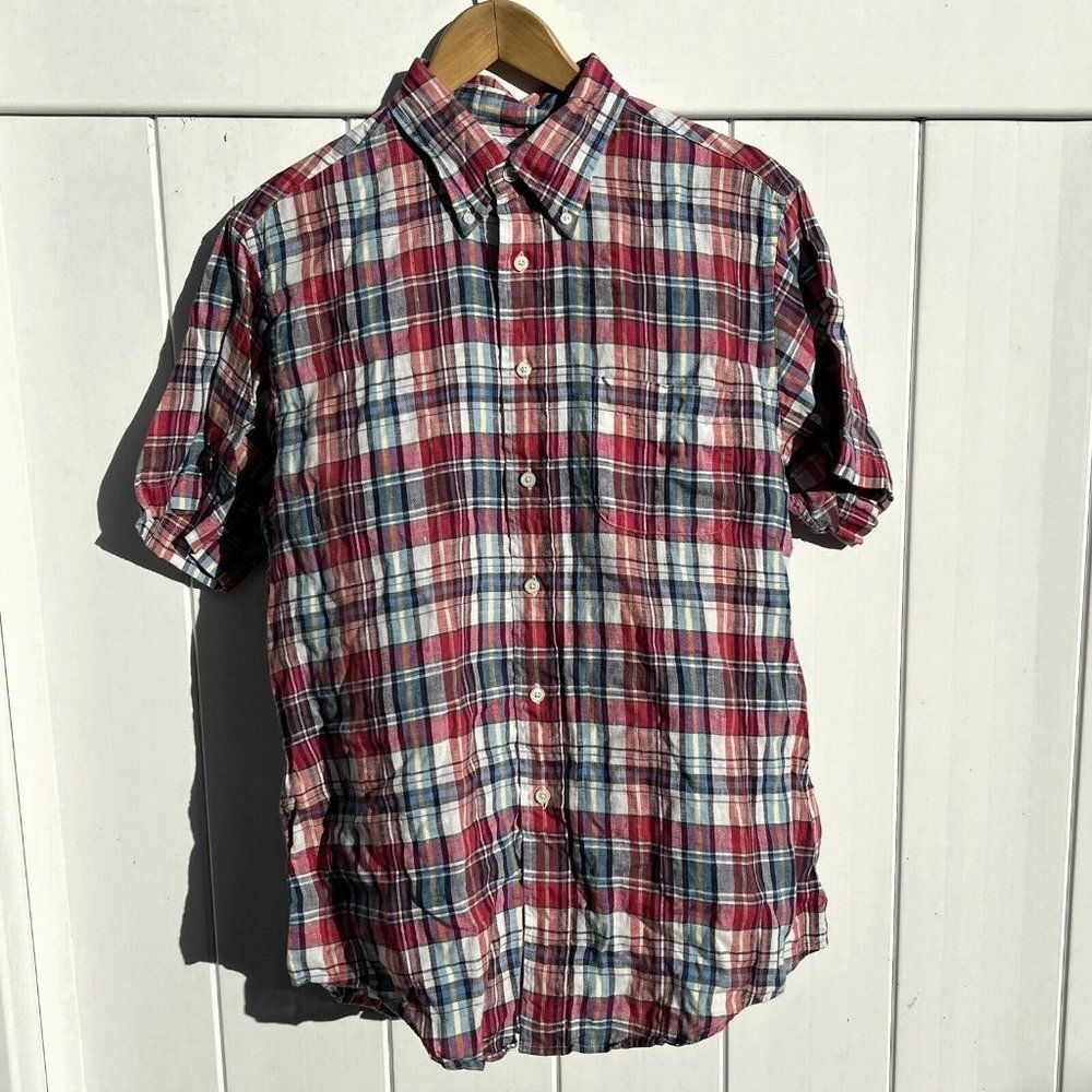 Brooks Brothers Men's Regent Button Down Shirt Short Sleeve Plaid Linen Large